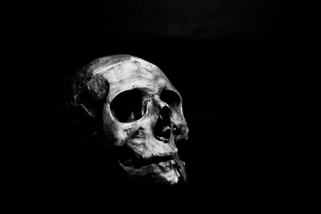 Benefits of jump rope Moody black and white photo of a skull on a dark background.
