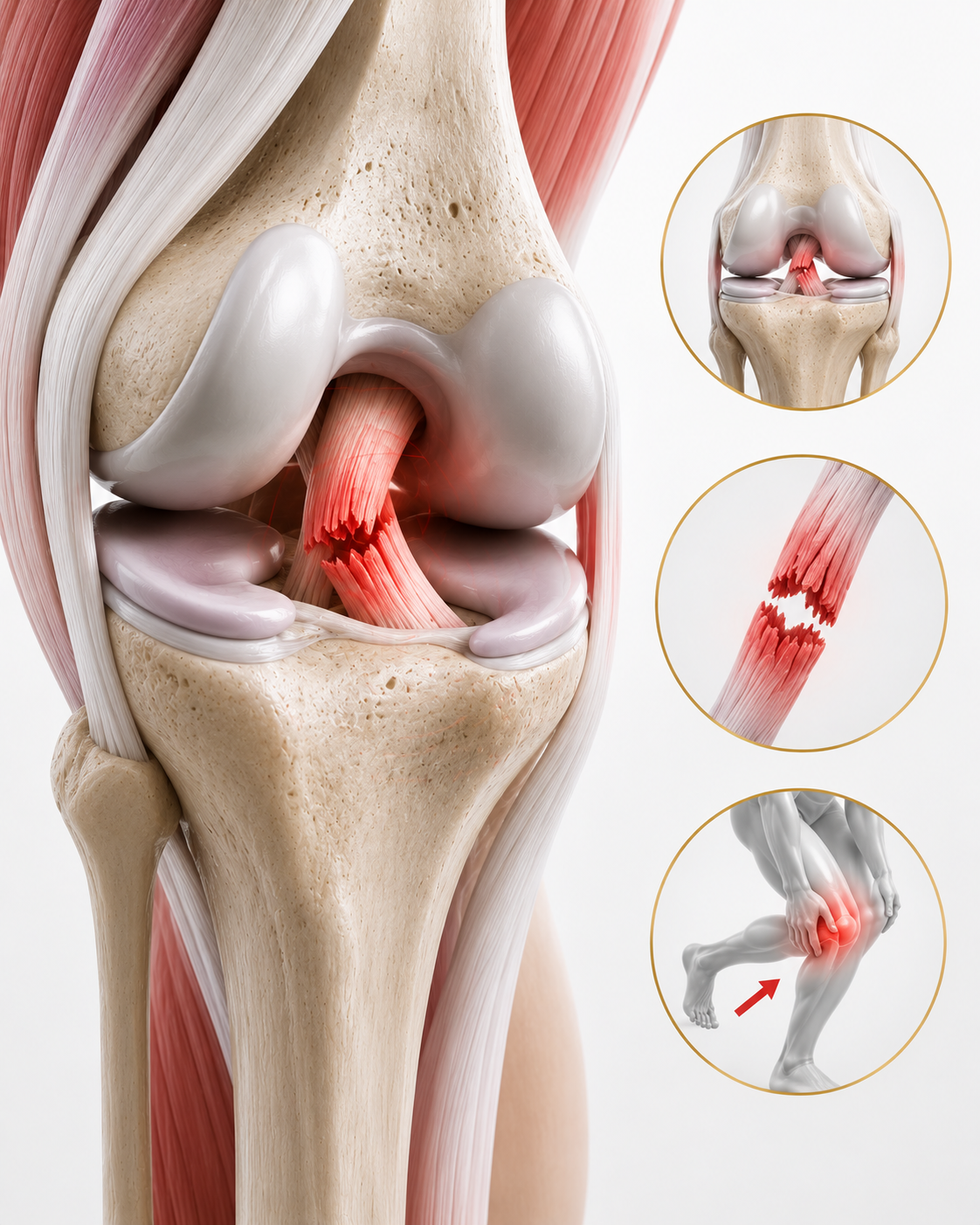 PCL Injury Interactive 3D anatomy showing PCL, ACL, menisci, femur, tibia, and common PCL injury mechanisms.
