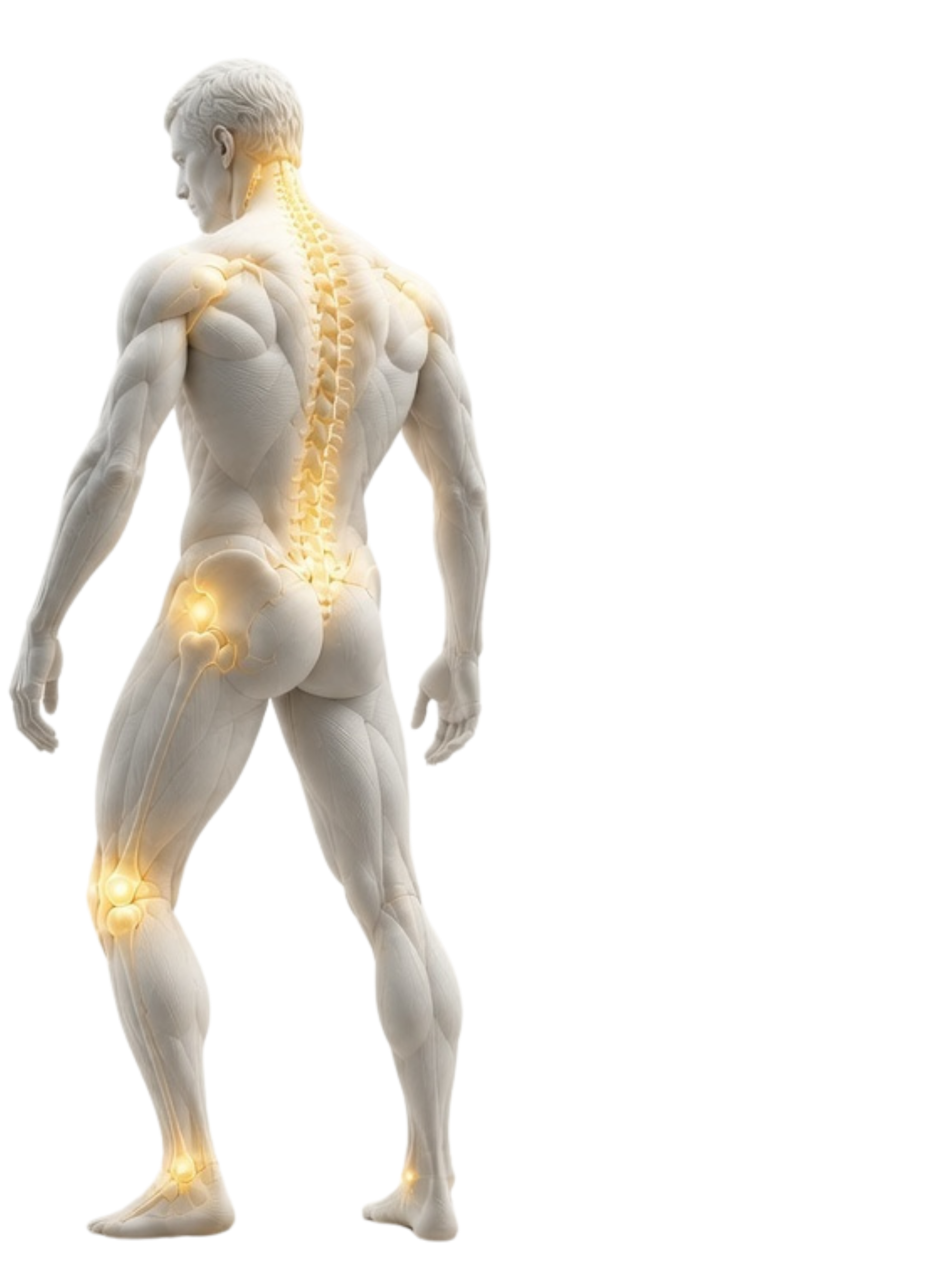 Home Premium 3D anatomical human figure with glowing treatment points at neck, shoulder, back, hip, knee and ankle